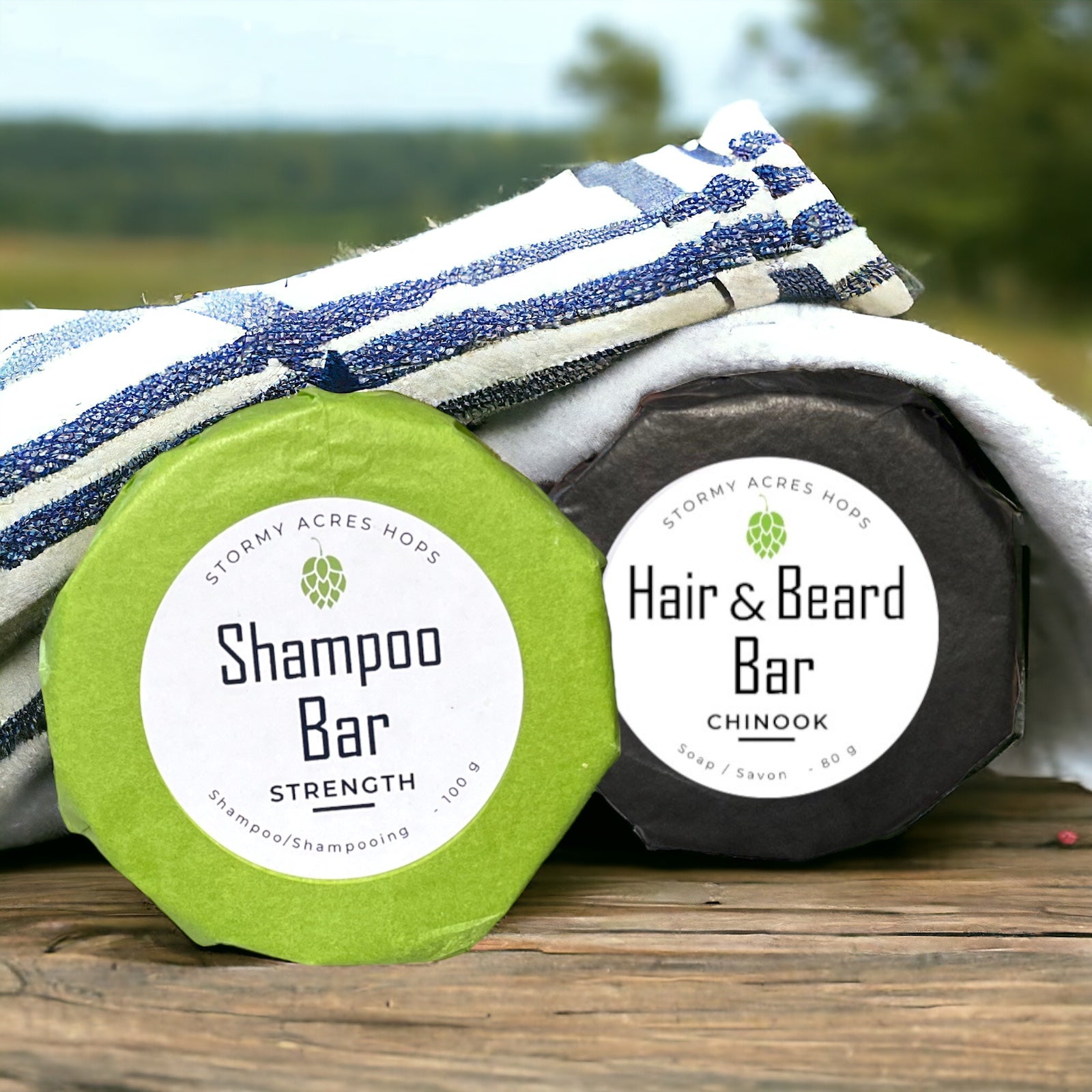 Close-up of hops-infused soap bar with rustic packagin